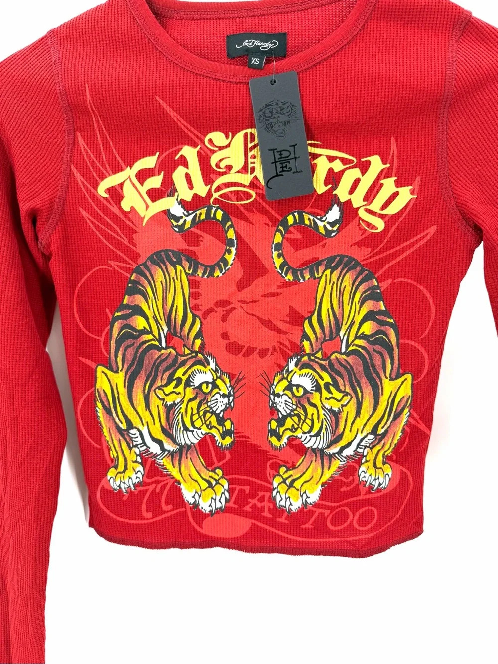 Ed Hardy NWT Crawling Tiger Thermal Wine Red Crew Crop Long Sleeve Y2K Top - Picture 3 of 7